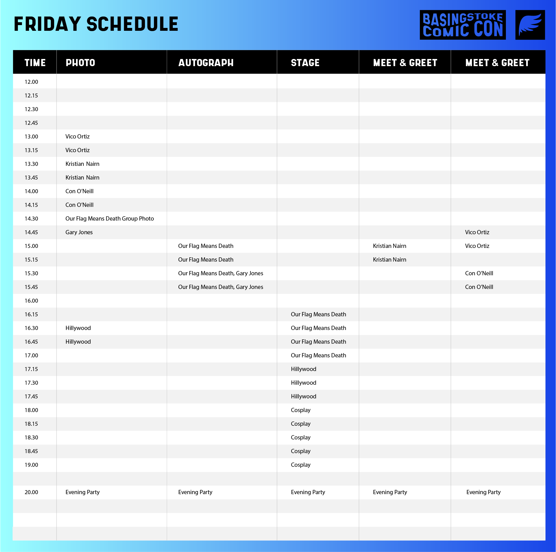 Basingstoke Comic Con schedule -Friday
